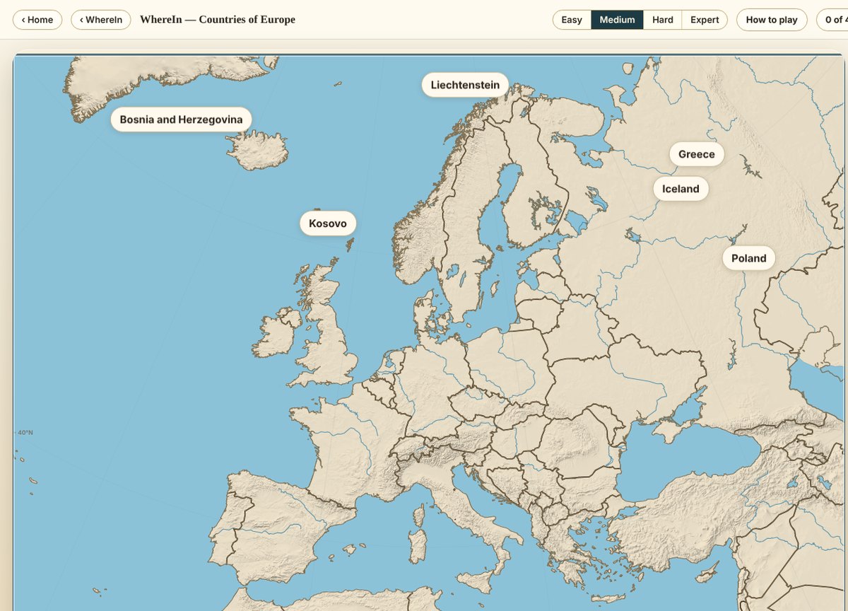 WhereIn: country names over a map of Europe, waiting to be placed